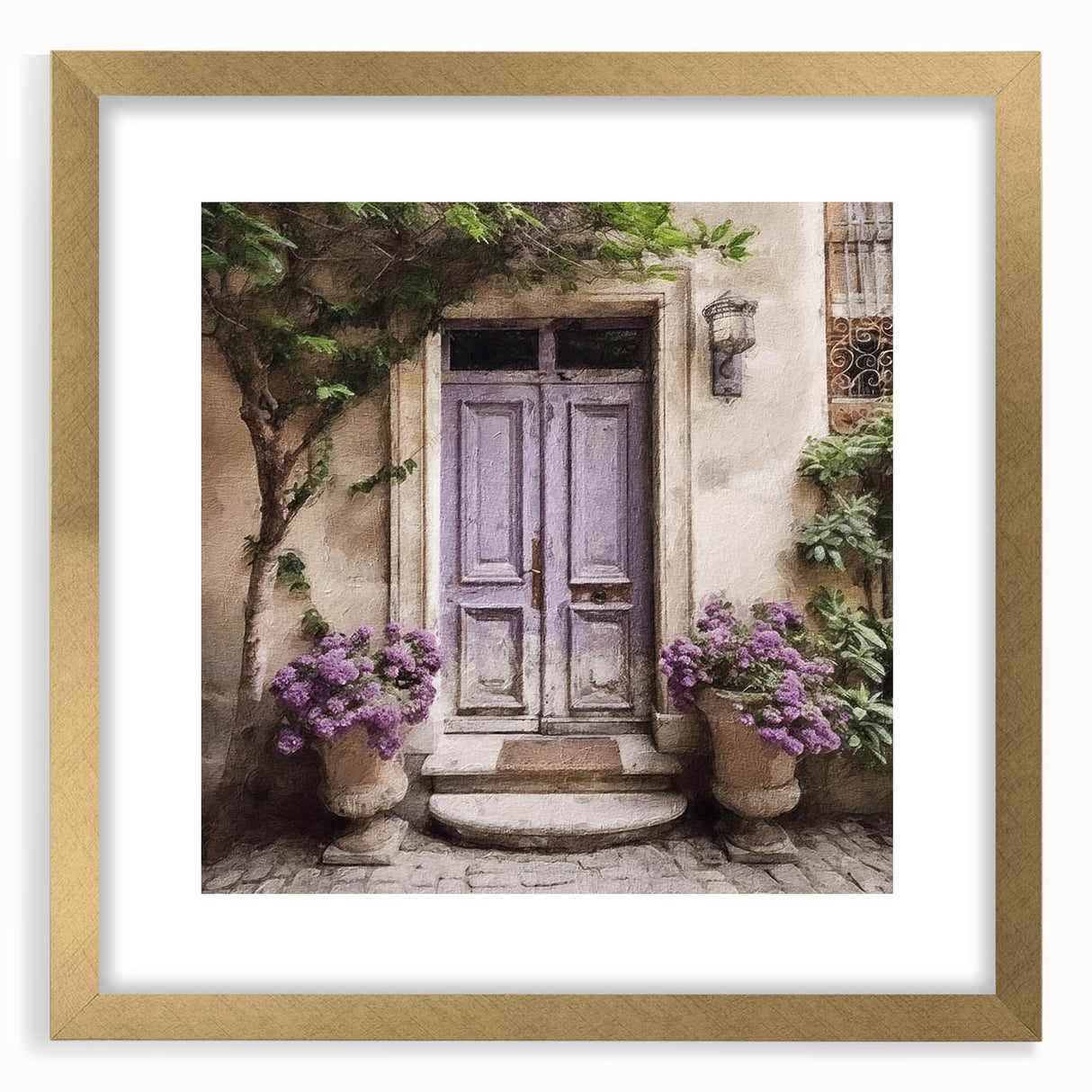 Extra large abstract art print featuring a textured depiction of a French door, framed in gold, ideal for living room decor.