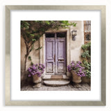Textured abstract art print of a French door, displayed in a silver frame with mat, in muted earth tones.