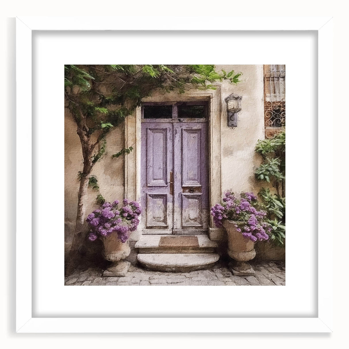 Abstract art print of a stylized French door in muted gray and white tones on a framed canvas.