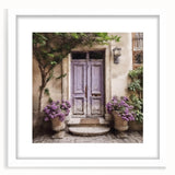 Abstract art print of a stylized French door in muted gray and white tones on a framed canvas.