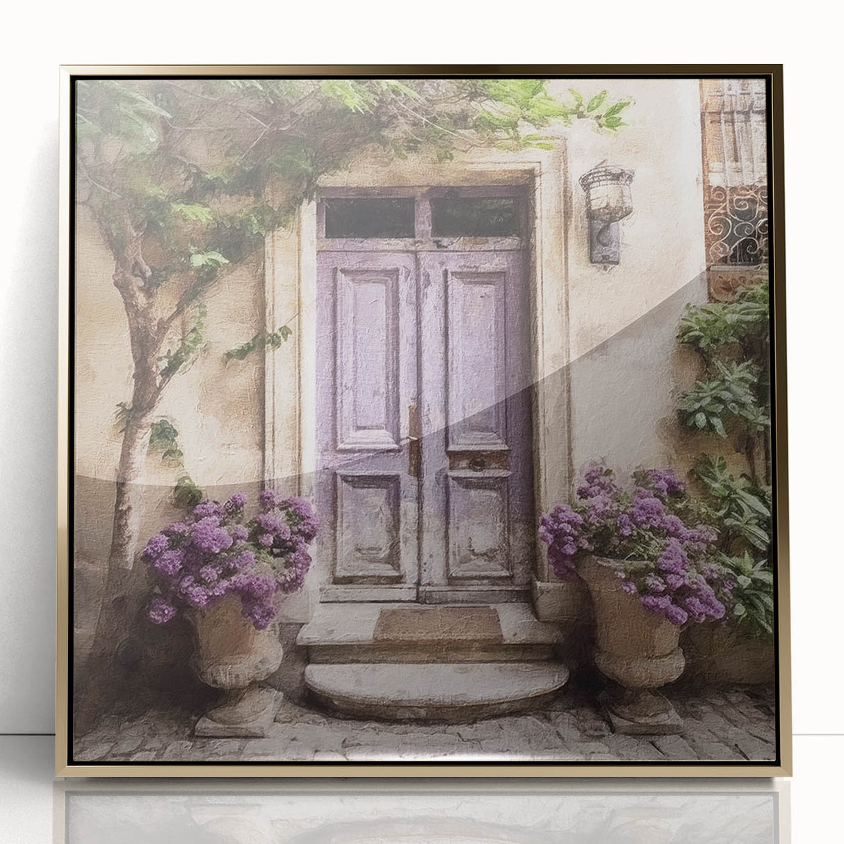 Mid-century modernist acrylic print of a French door architecture in gold tones, suited for modern art wall decor.
