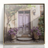 Mid-century modernist acrylic print of a French door architecture in gold tones, suited for modern art wall decor.