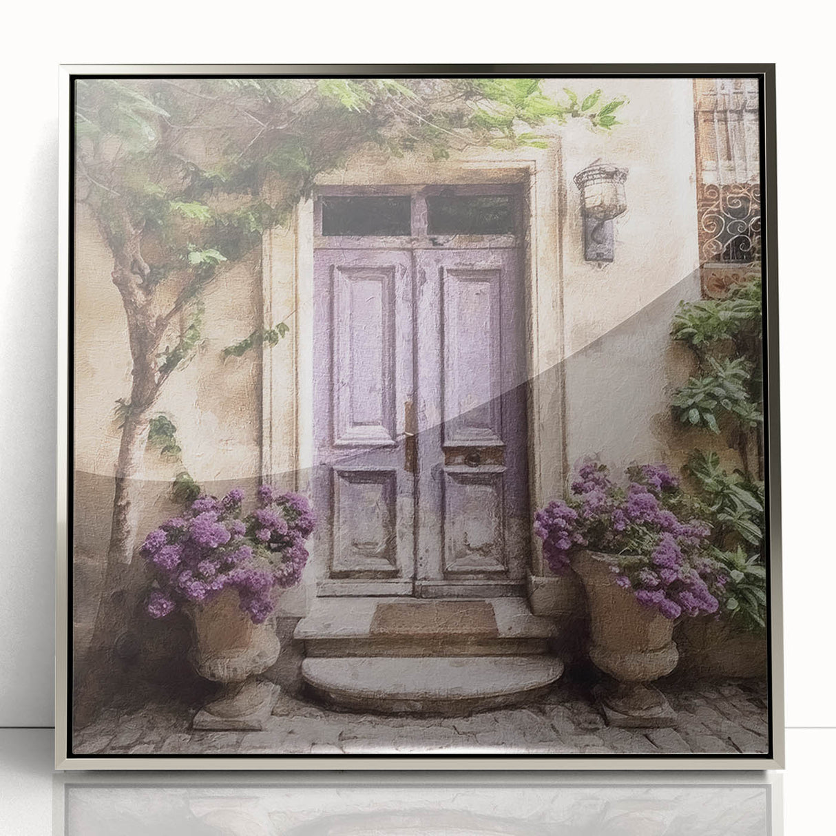 Mid-century modernist art of a French door architecture in silver framed acrylic, suitable for nursery wall art.
