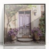 Mid-century modernist art of a French door architecture in silver framed acrylic, suitable for nursery wall art.