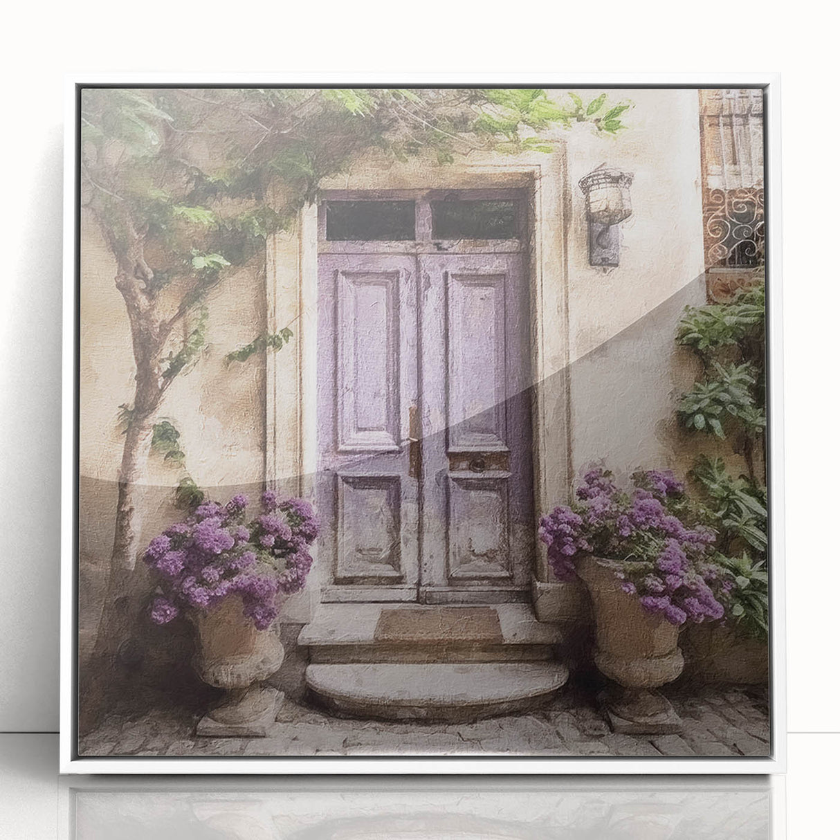 Art deco poster of a French door architecture in muted gray and white tones, framed acrylic.