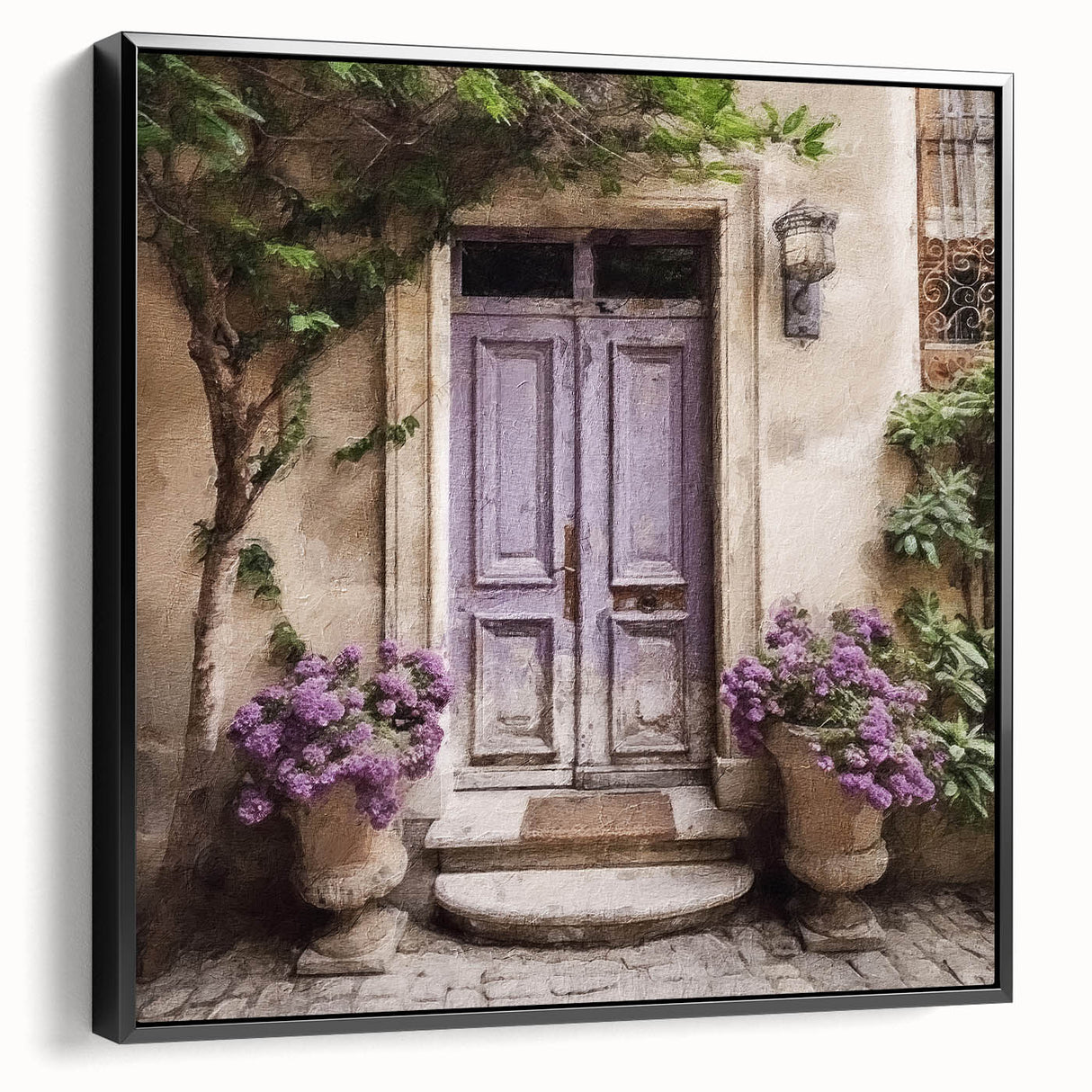 Black and white framed canvas of a vintage French door, ideal for bedroom wall art in monochrome tones.