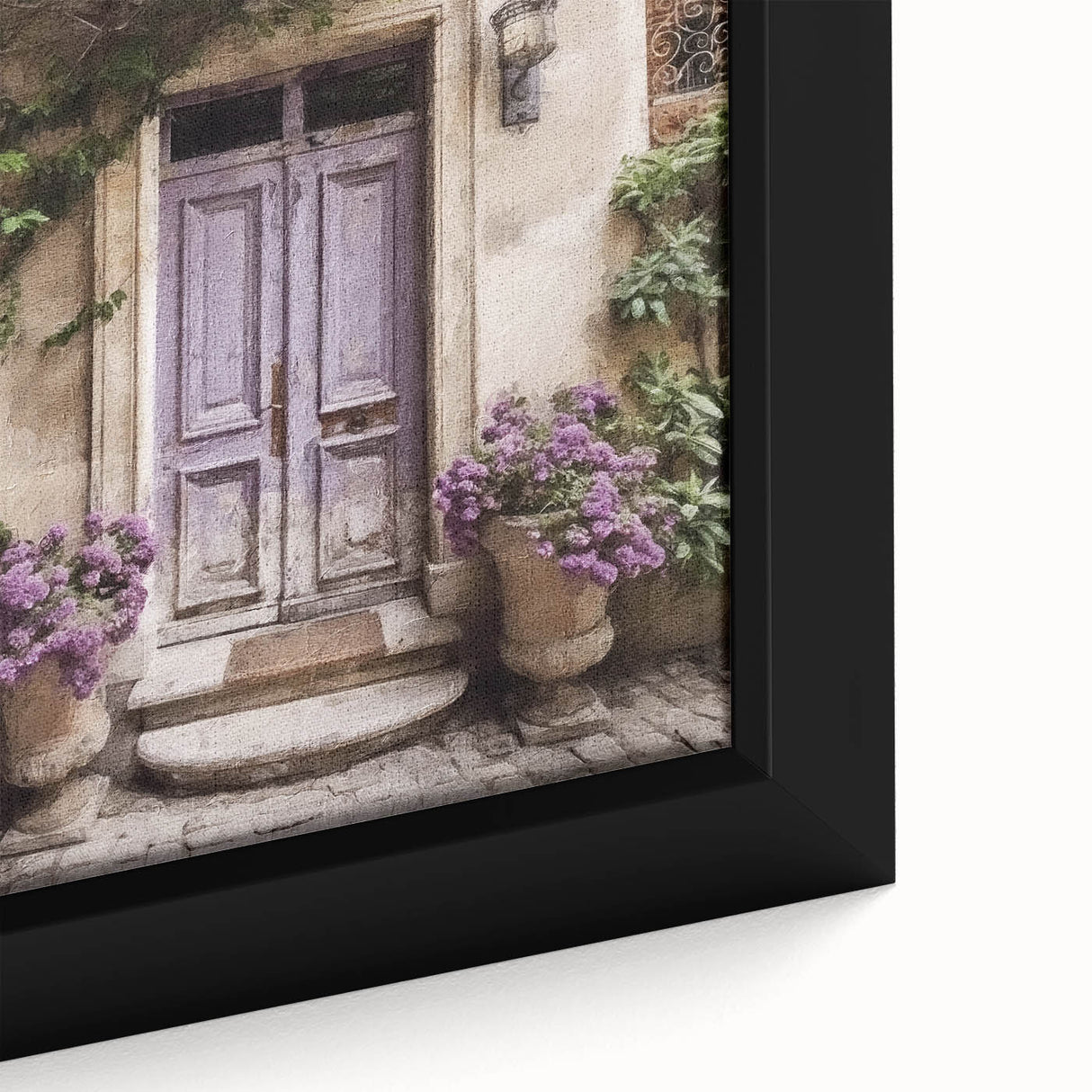 Close-up of a textured black door framed canvas with colorful accents, ideal for living room decor.