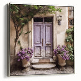 Landscape art painting of a vintage French door, framed canvas with silver hues.