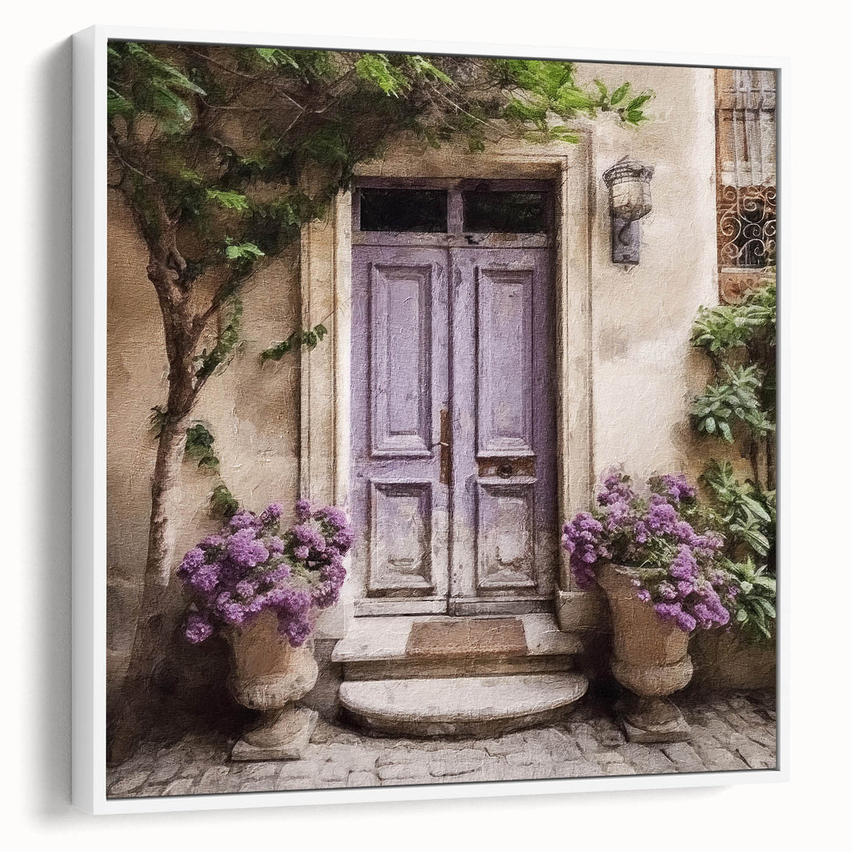 Extra large framed canvas of a vintage poster featuring a French door design in black with colorful accents.