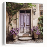 Extra large framed canvas of a vintage poster featuring a French door design in black with colorful accents.