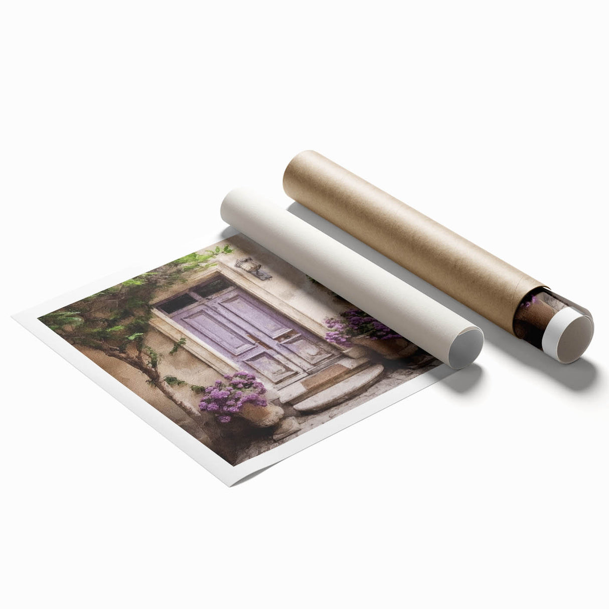 Rolled print of a French door architecture in soft gray tones, ideal for art wall dining room decor.