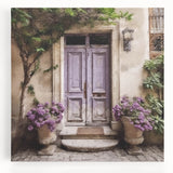 Black and white photo of a French door architecture on stretched canvas, suited for kitchen wall art.