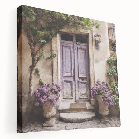 Side view of a large stretched canvas featuring a detailed French door architecture design in neutral tones.