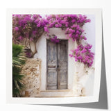 A close-up photo of a Greek architecture door on glossy photo paper, featuring neutral and earth tones.