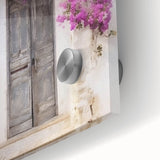 Close-up of a Greek door design on acrylic glass, featuring large abstract art in mid-century modernist style.