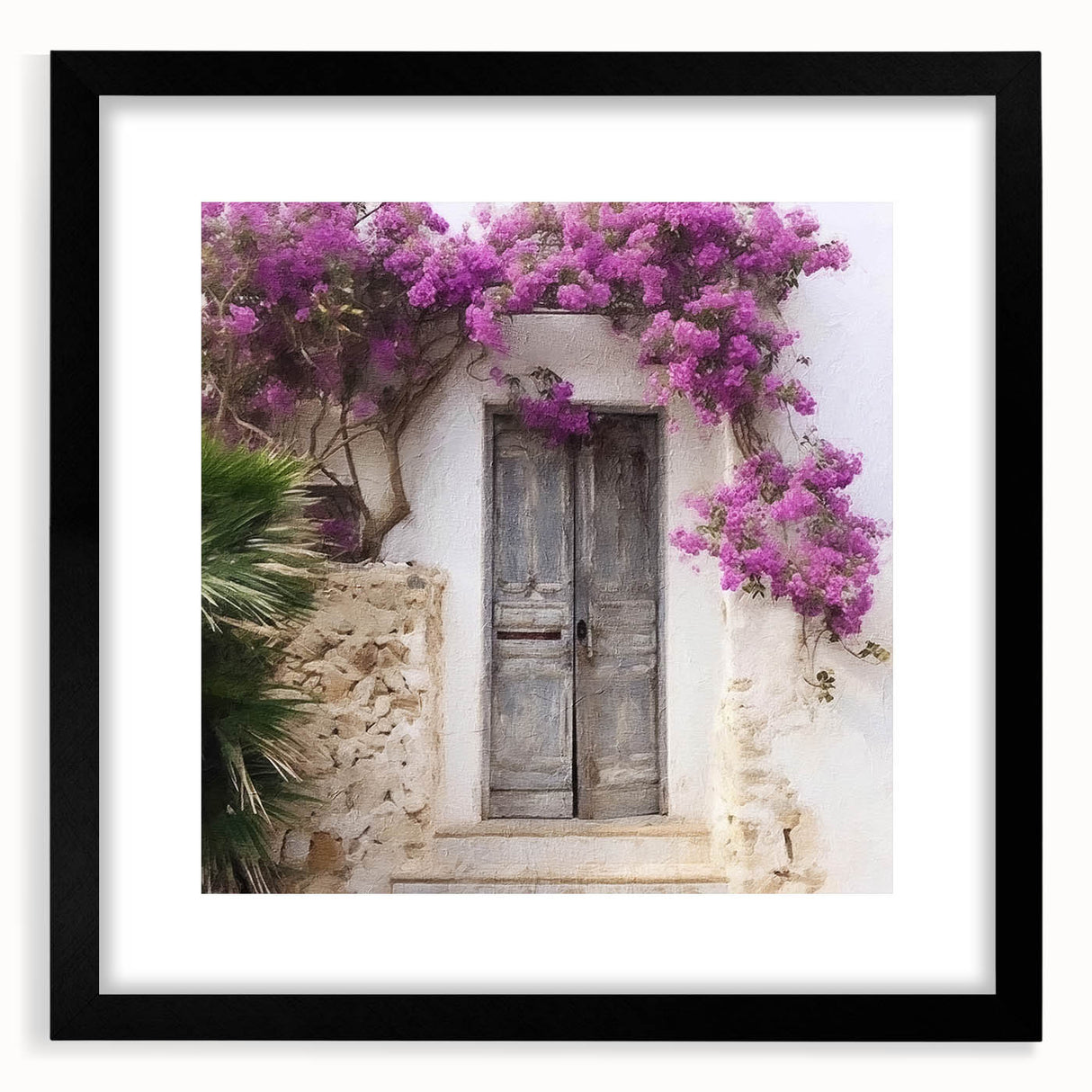 Extra large abstract art print featuring a colorful, textured depiction of a Greek door, in a black frame.