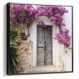 Black and white framed canvas featuring a vintage poster art style Greek door, ideal for bedroom wall decor.
