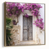 Framed canvas featuring a vintage poster of a Greek door architecture in silver and gold tones.