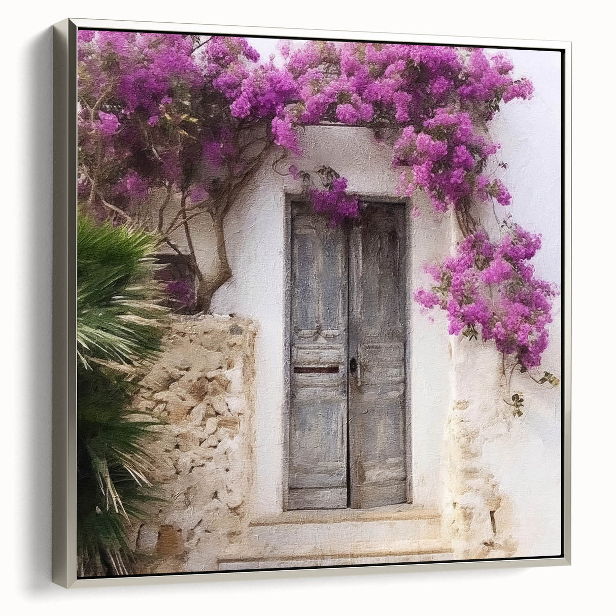 Framed canvas showing a vintage poster art of a Greek door in black with colorful accents.
