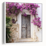 Framed canvas of a vintage poster featuring a Greek door design in black, ideal for living room decor.