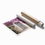 Large rolled print of a Greek-style door surrounded by floral designs in muted tones, ideal for classy bathroom wall art.