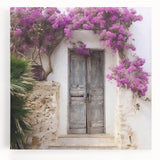 Black and white photo of a Greek architecture door on stretched canvas, suitable as large kitchen art.
