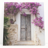 Black and white photo of a Greek door on stretched canvas, ideal for kitchen wall art or bedroom ambiance.
