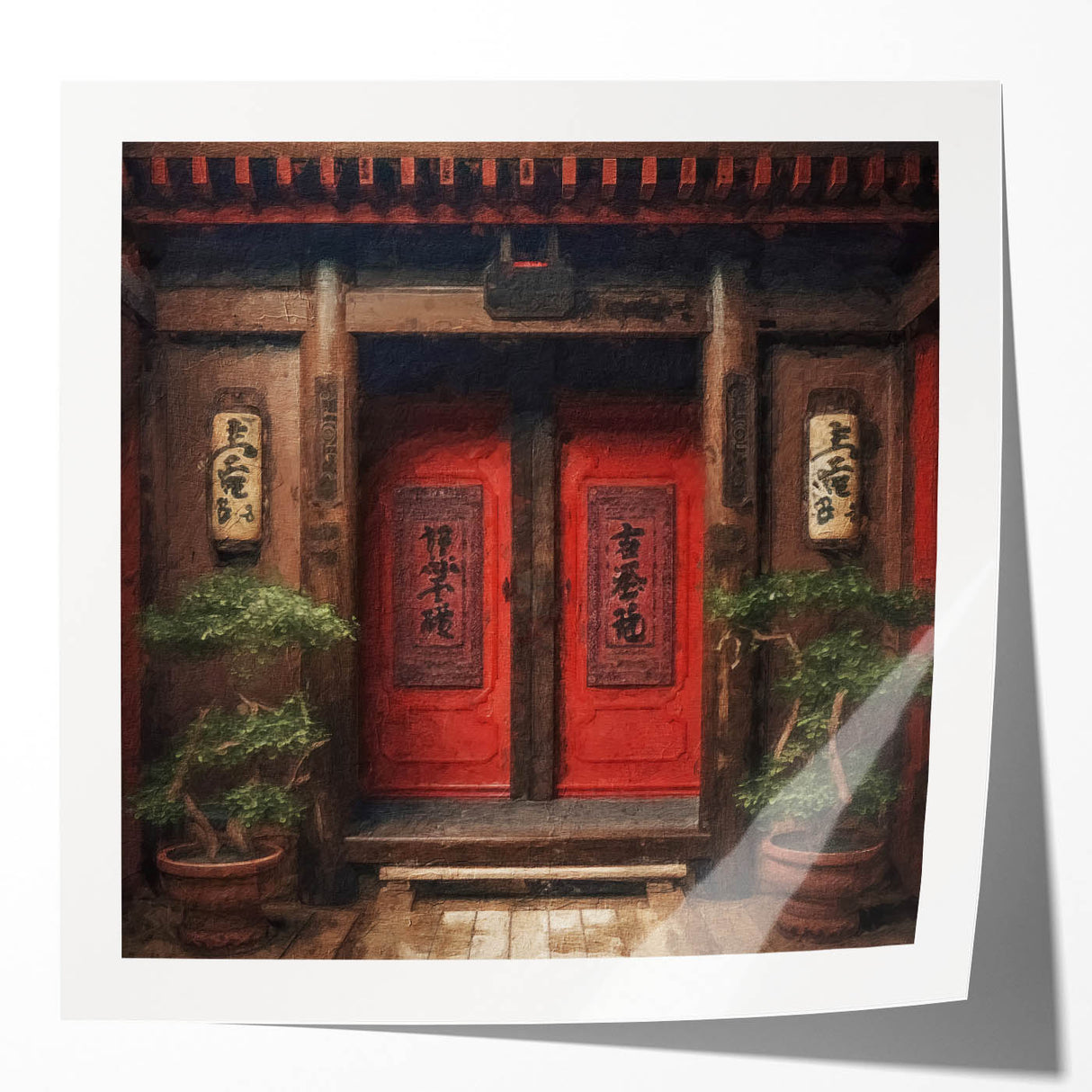 Japanese door design in muted earth tones on a glossy photo print.