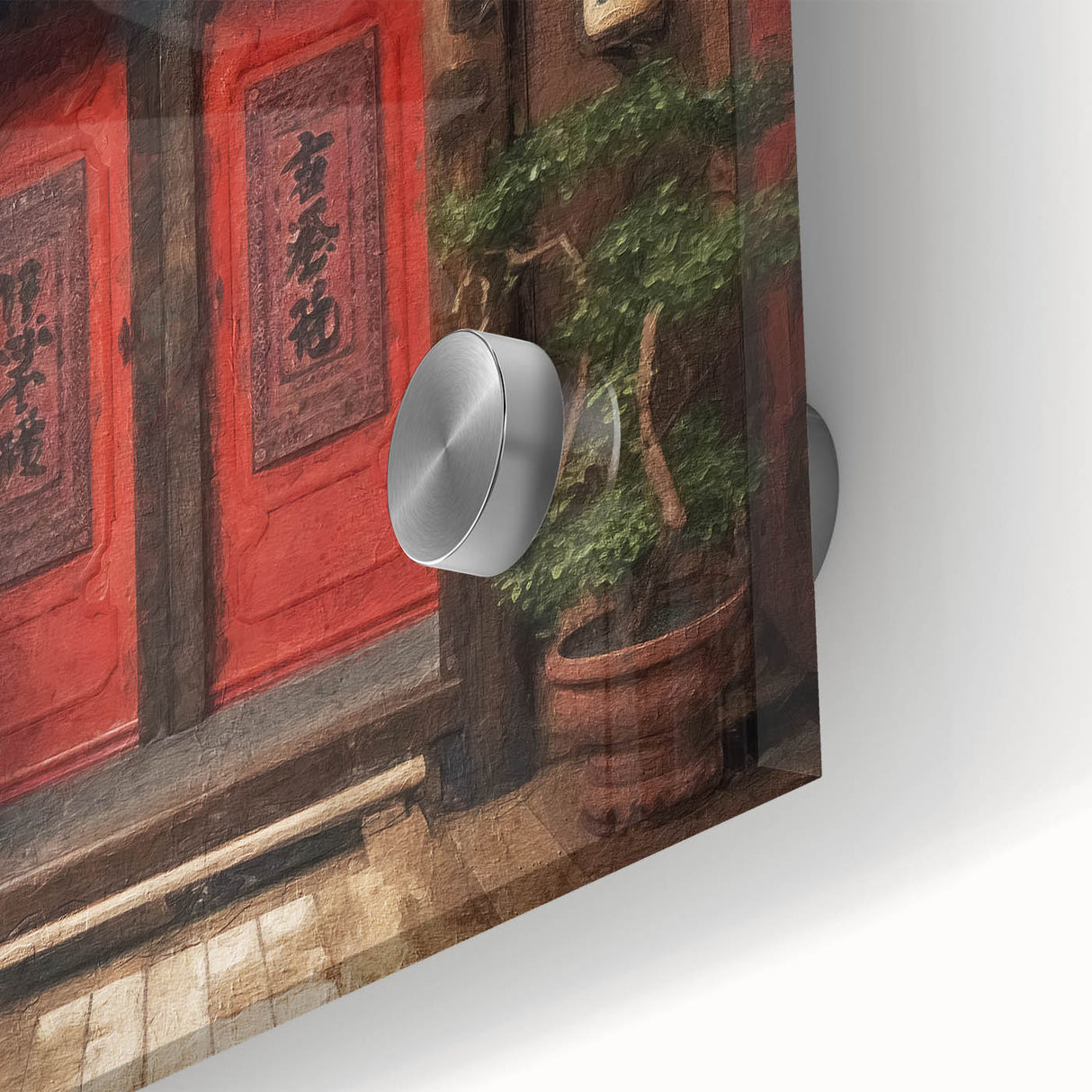 Mid-century modernist large abstract wall art of a Japanese door, in muted earth tones on acrylic glass.