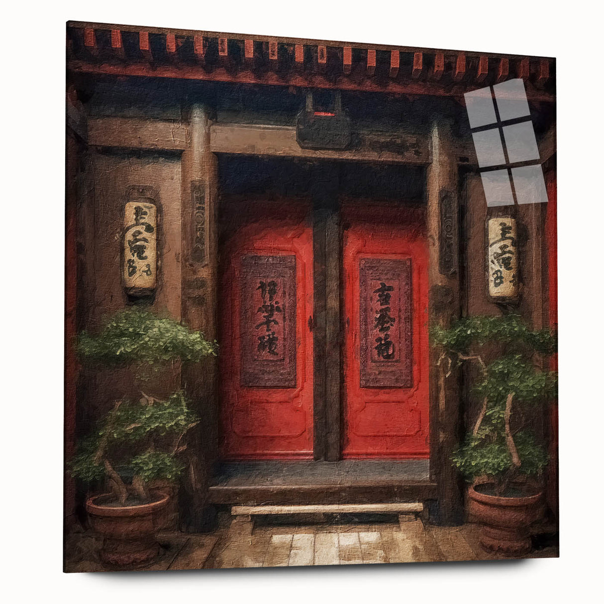 Large abstract wall art on acrylic glass featuring a detailed Japanese door design in muted earth tones.