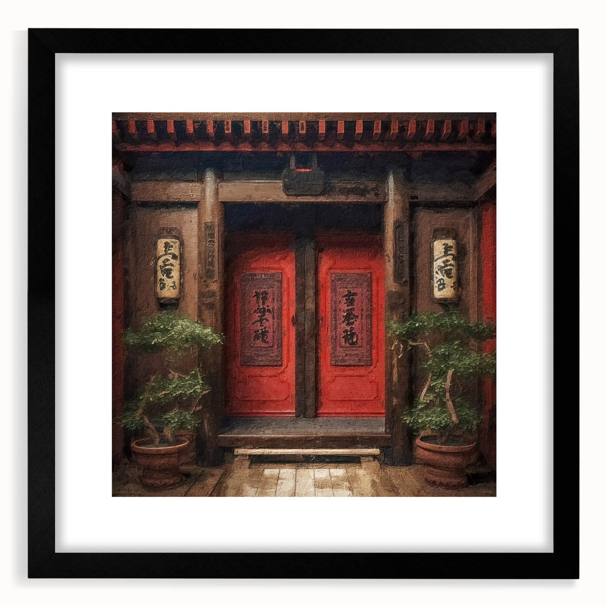 Extra large abstract art print featuring a textured, colorful depiction of a Japanese door.