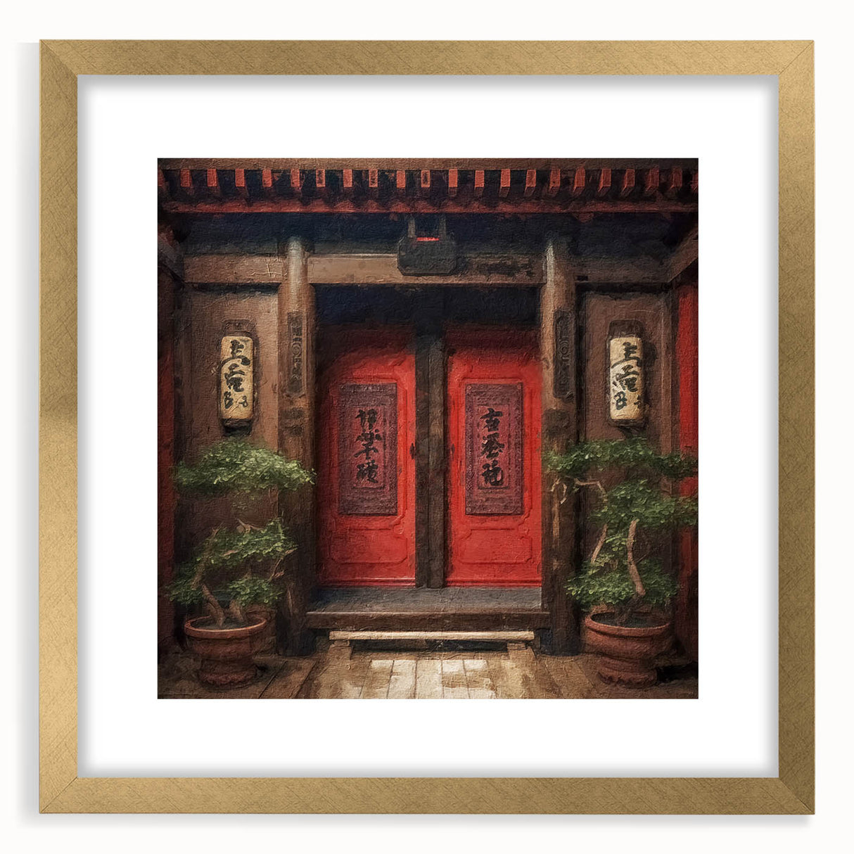 Extra large wall art featuring a textured abstract print of a Japanese door, in gold tones, framed with mat.