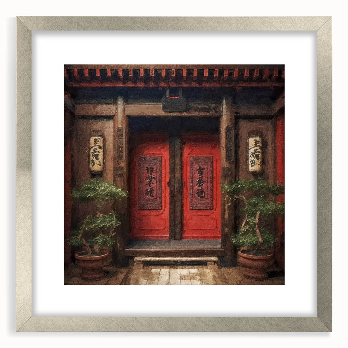Textured abstract art print of a Japanese door in muted earth tones, framed in silver, ideal for bedroom art.