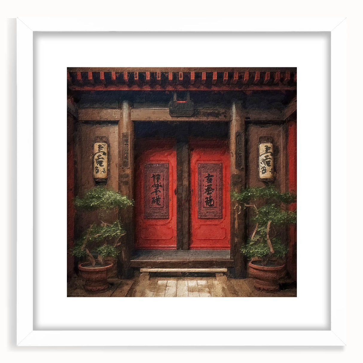 Abstract art print of a Japanese door, in muted earth tones on a framed white mat, suitable for bedroom or dining room decor.