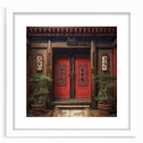 Abstract art print of a Japanese door, in muted earth tones on a framed white mat, suitable for bedroom or dining room decor.