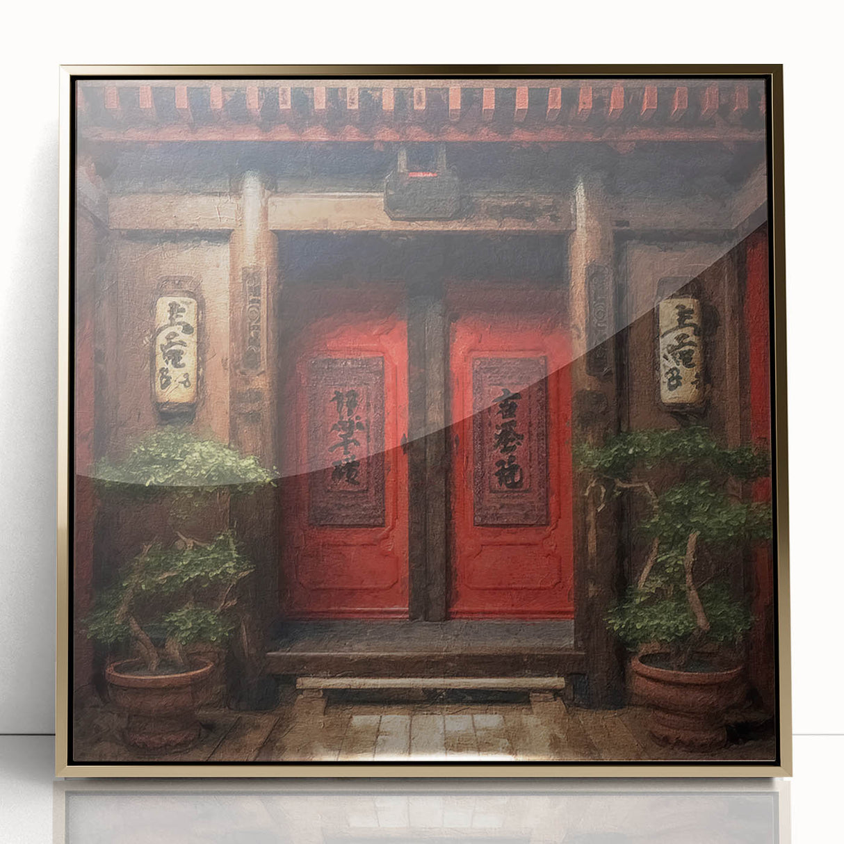 Mid-century modernist acrylic print of a Japanese door, with gold and brown tones, ideal for modern art wall decor.