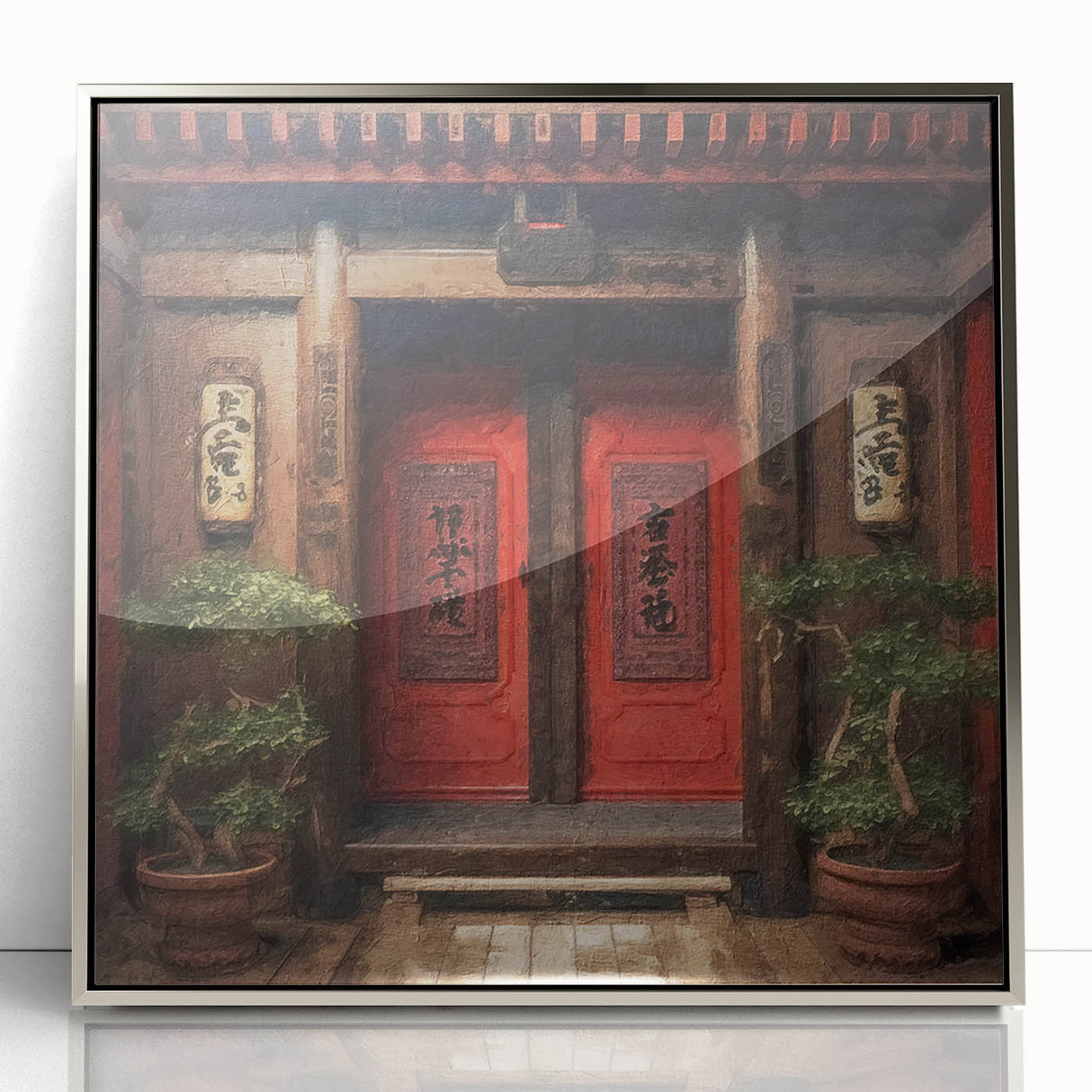 Framed acrylic print of a Japanese door in mid-century modernist style, using muted earth tones.