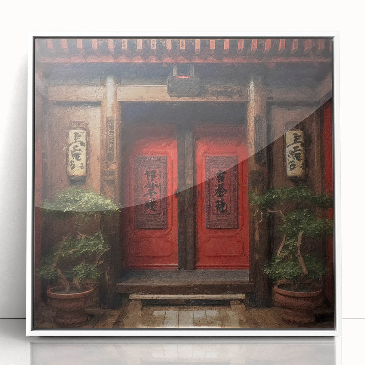 Acrylic print of a Japanese door in art deco style, framed in white, ideal for modern nursery wall art.