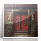 Acrylic print of a Japanese door in art deco style, framed in white, ideal for modern nursery wall art.