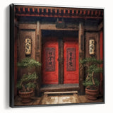 Black and white framed canvas of a vintage Japanese door design, ideal for bedroom wall art.