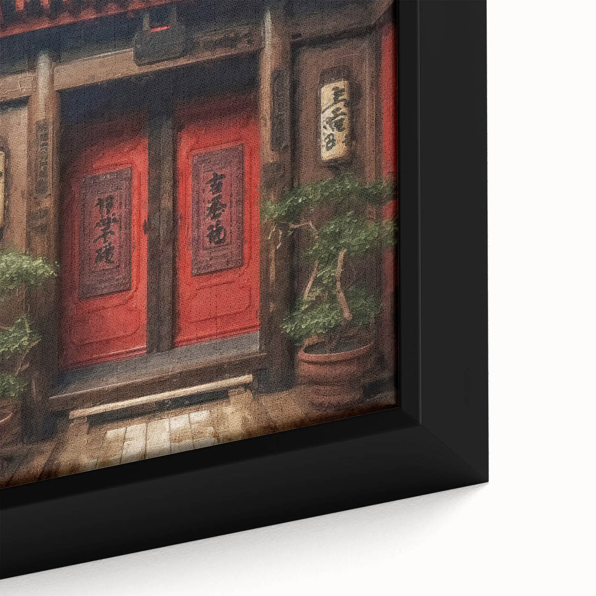 Close-up of a black wall art featuring a textured, colorful Japanese door design on a framed canvas.