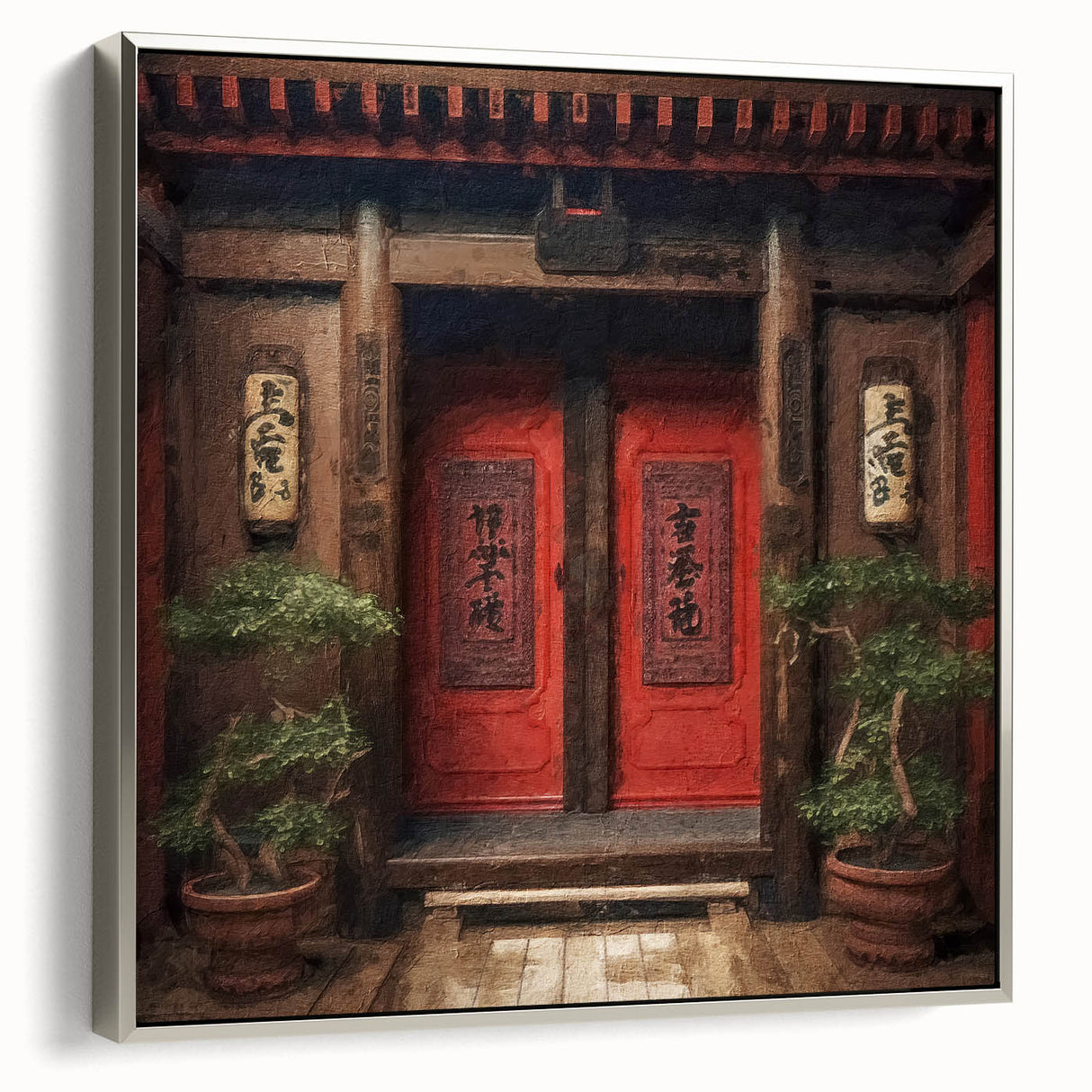 Framed canvas featuring a vintage poster of a Japanese door in black with colorful accents, ideal for an office or study.