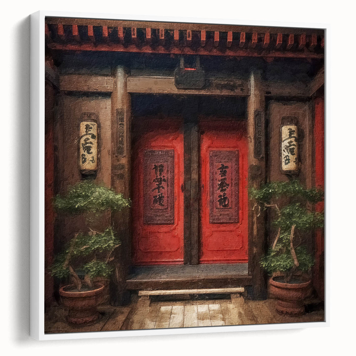 Vintage poster art of a Japanese door, framed canvas in white, ideal for living room decor.