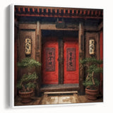 Vintage poster art of a Japanese door, framed canvas in white, ideal for living room decor.