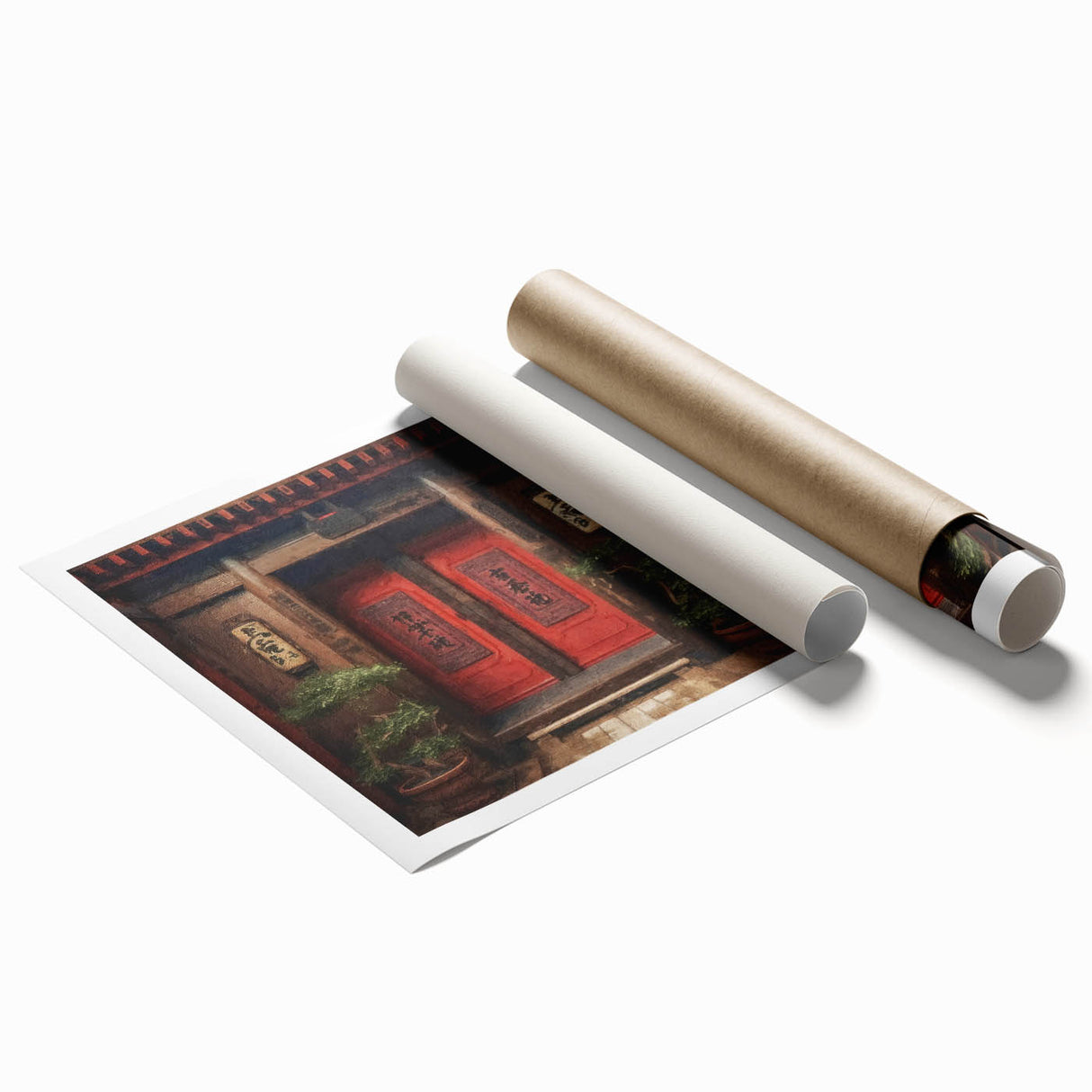 Extra large rolled print featuring a Japanese door with floral motifs in muted earth tones.