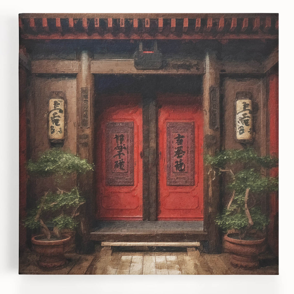 Black and white photograph of a traditional Japanese door on stretched canvas, suitable as large kitchen wall art.