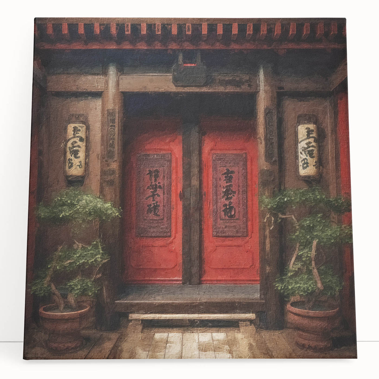 Black and white photo of a Japanese door on stretched canvas, suitable as kitchen wall art or for bedroom ambiance.