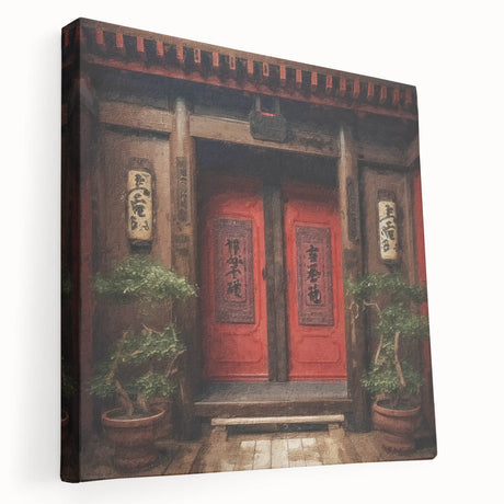Japanese door design on large stretched canvas in subdued earth tones, suitable for kitchen wall art.