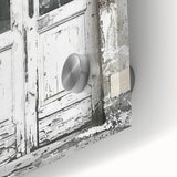 Close-up of a rustic Italian door in muted earth tones on acrylic glass, suitable as dining room art.