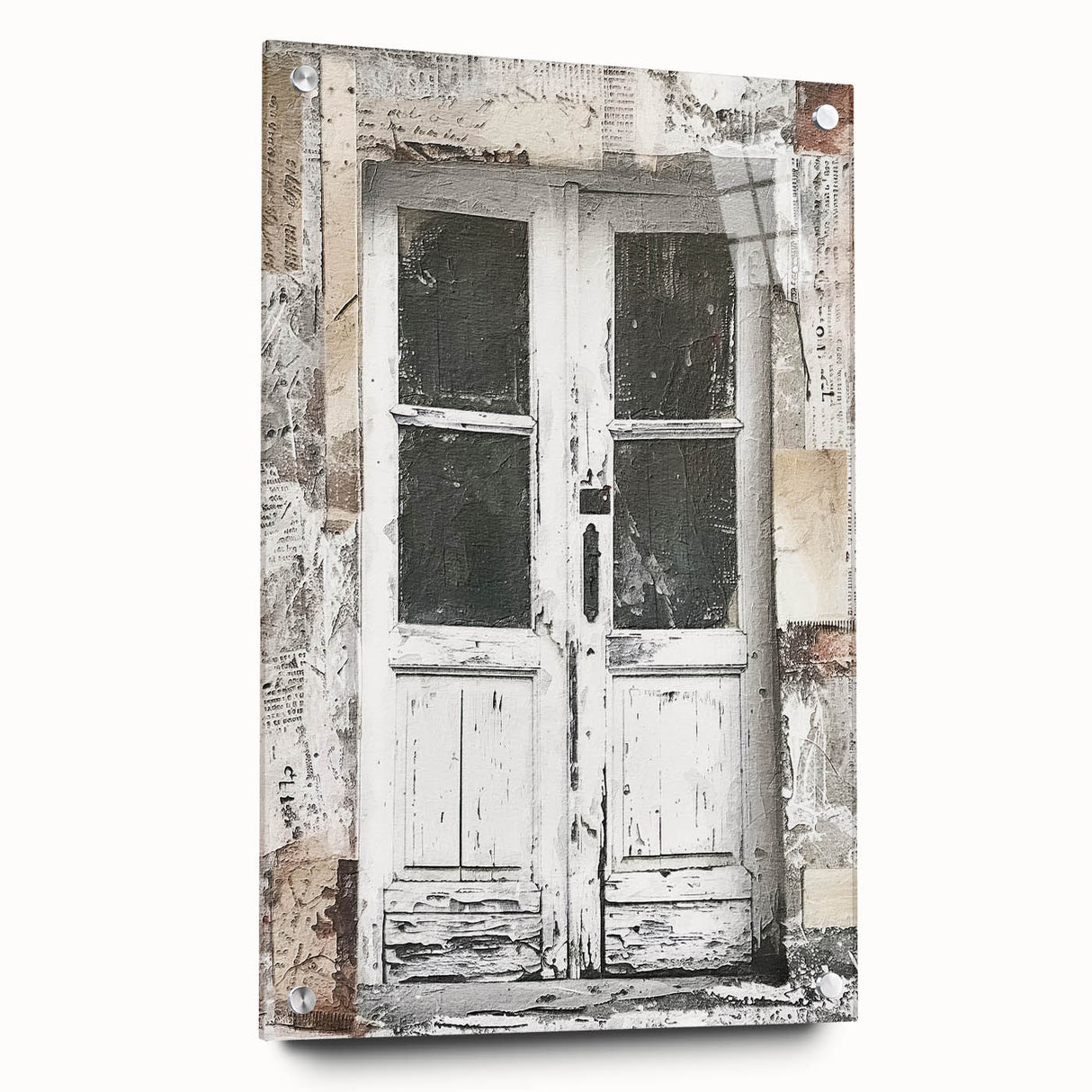 Rustic Italian door design on acrylic glass, muted earth tones, ideal for dining room art.